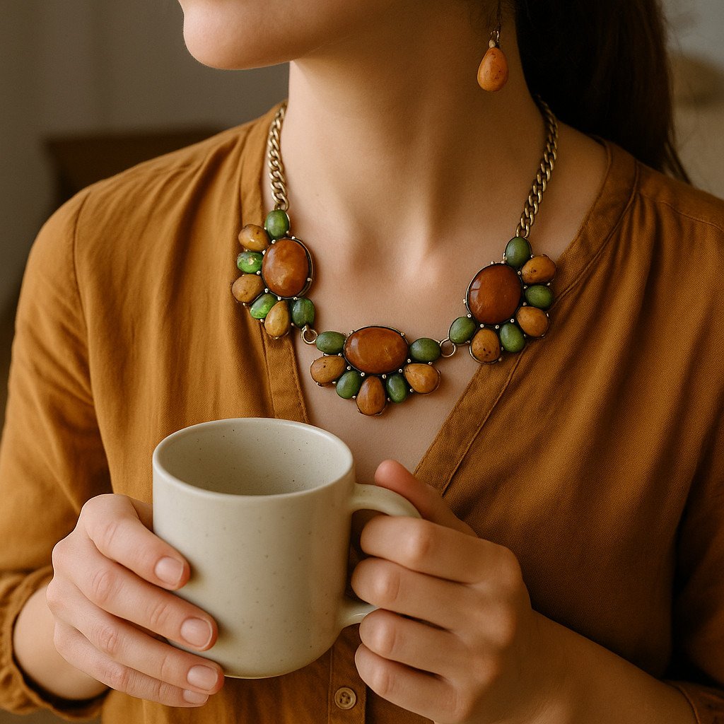 Green And Brown Lucite Stud Necklace Earring Se